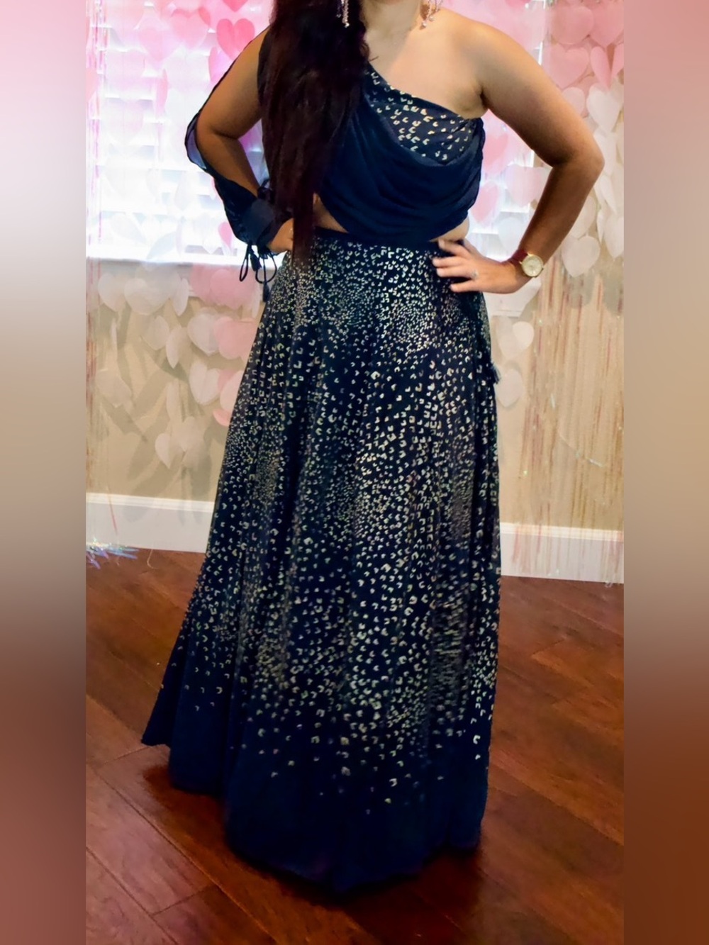 India Boutique Navy Blue One-Shoulder Lehenga Maxi with Silver Dot Accents